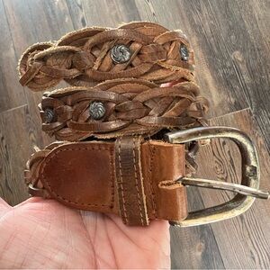 Vintage Brown Braided Genuine Leather Belt Silver Accents size large (40" total)